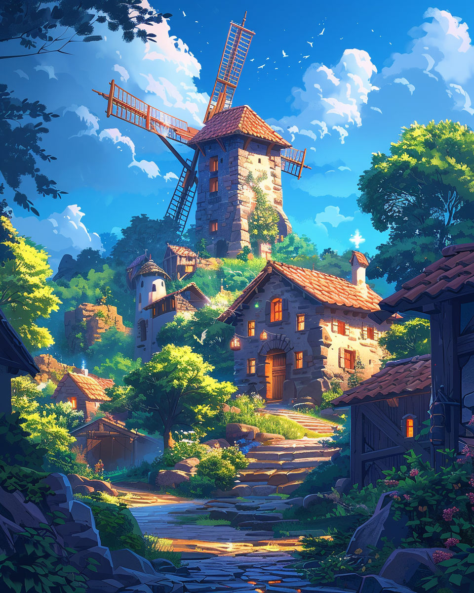 Colorful cartoon windmill powers village and Skyrim tools.