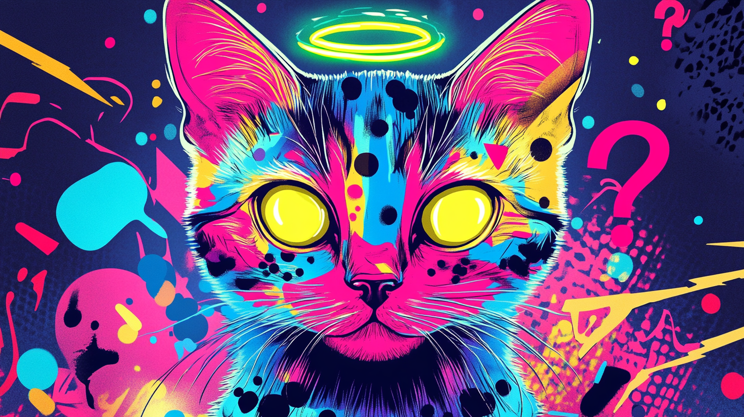 Colorful cat Bodhisattva with neon halo in surreal setting