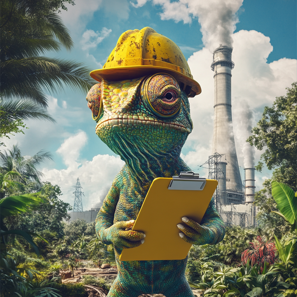 Colorful chameleon in hard hat at nuclear power plant