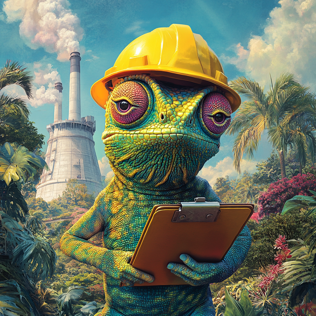 Colorful chameleon with hard hat at nuclear power plant.