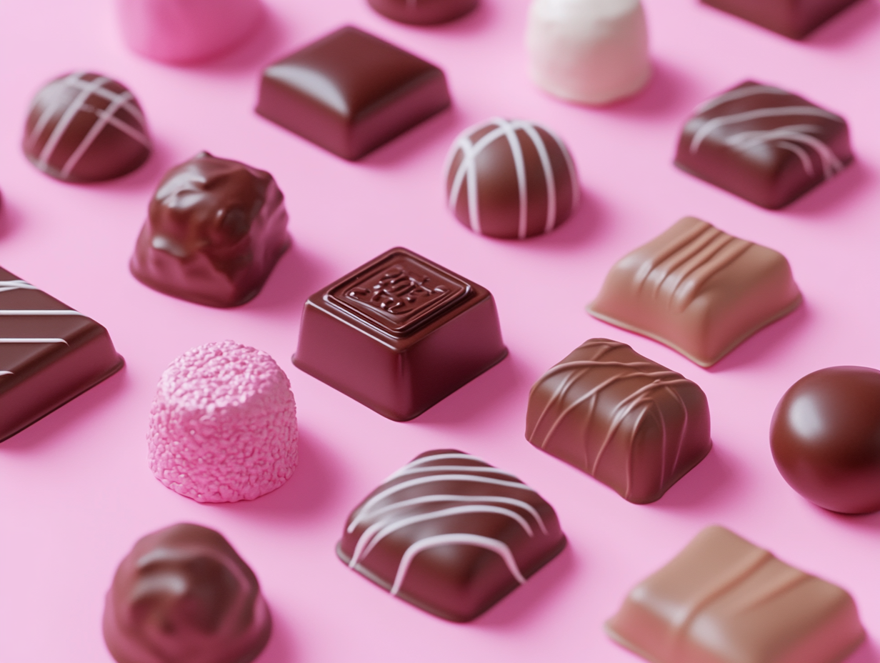 Colorful chocolates on pink background