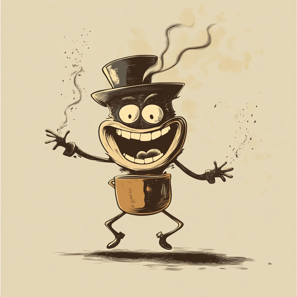 Colorful coffee character dancing with steam around him.