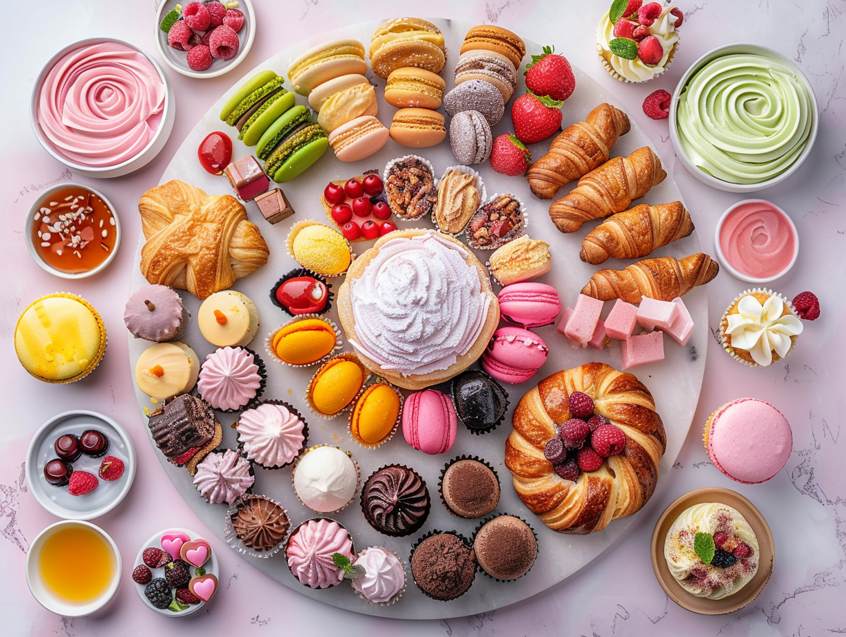 Colorful desserts on platter with detailed textures