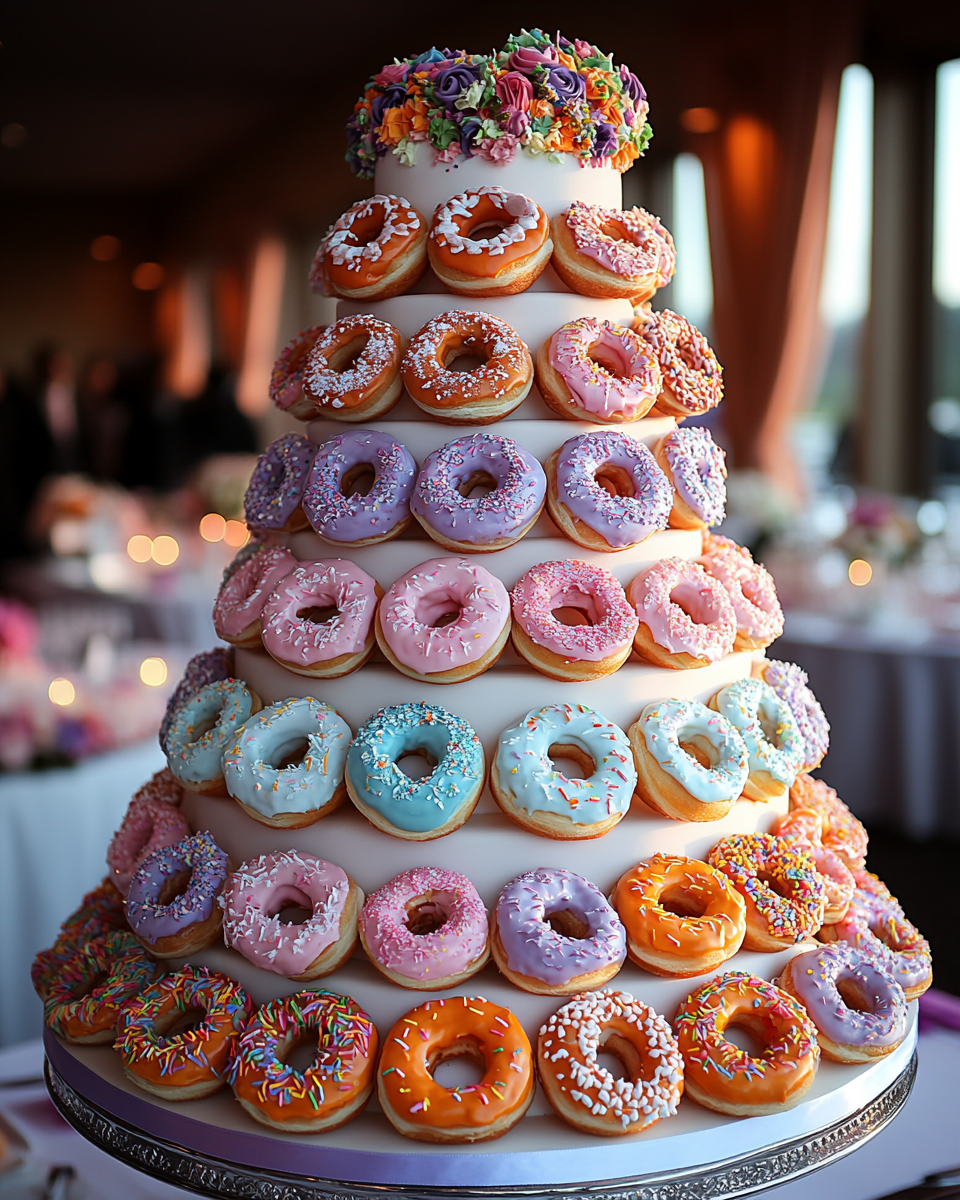 Colorful doughnut-themed wedding cake on pedestal stand