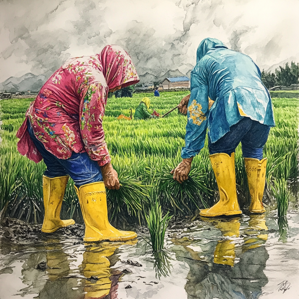 Colorful drawing of Iranian farmers cultivating rice, symmetrical like Wes Anderson's film.