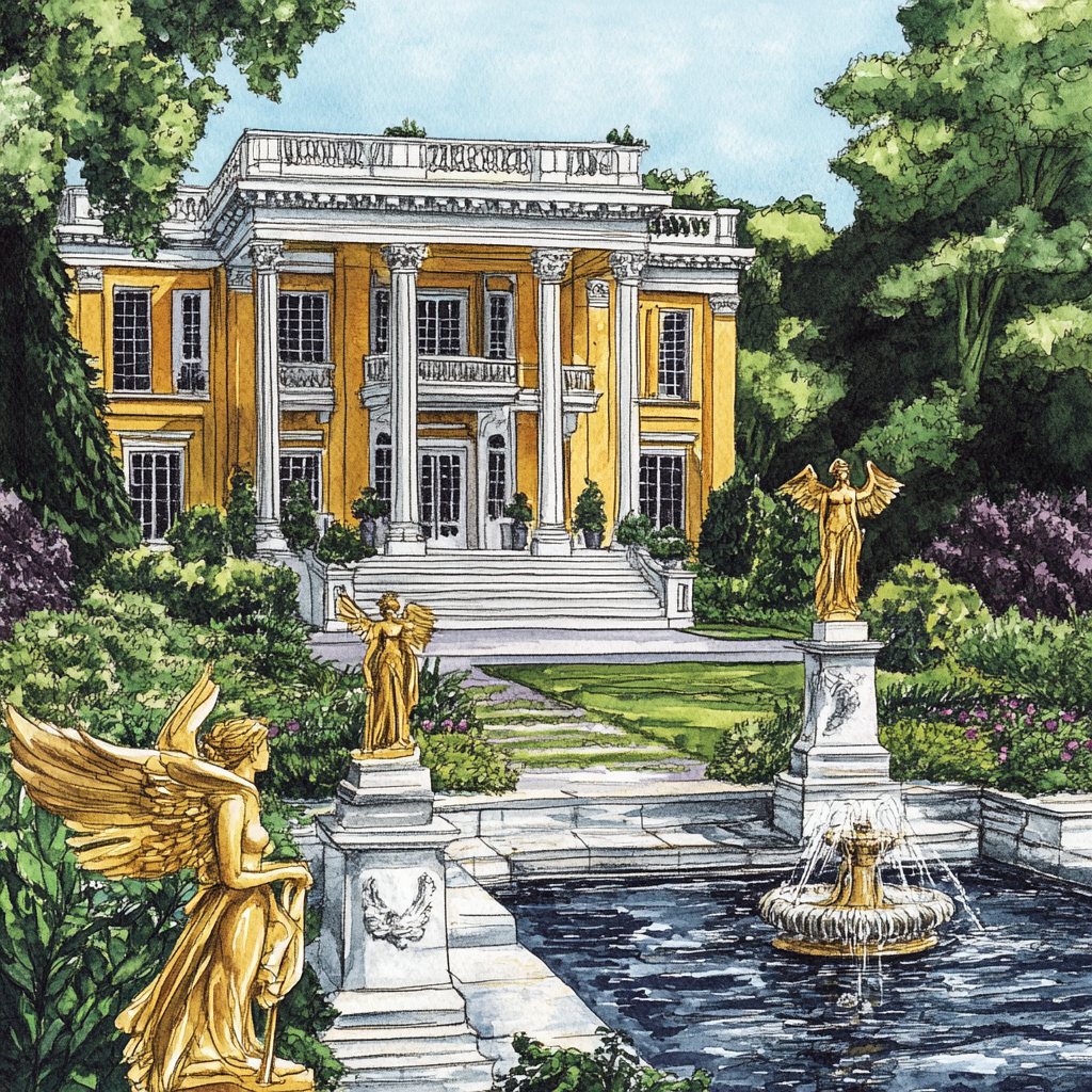 Colorful drawing of extravagant plantation manor with statues.