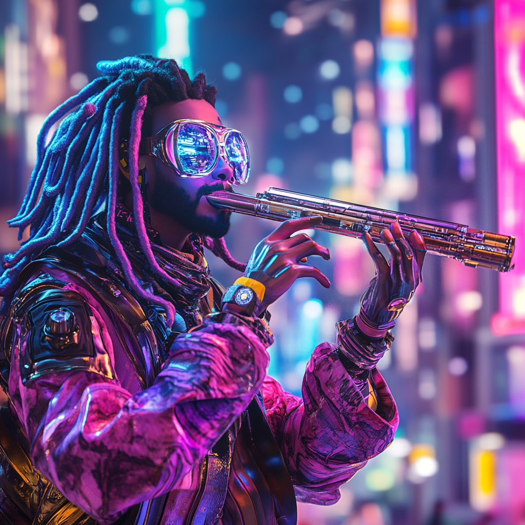 Colorful dreadlocks on futuristic street musician. Neonlit city scene.