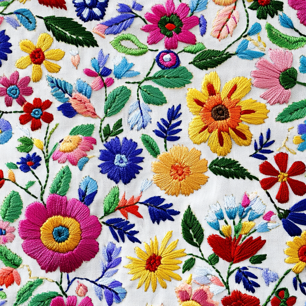 Colorful embroidered flowers on white fabric, Mexican-style details, high resolution.
