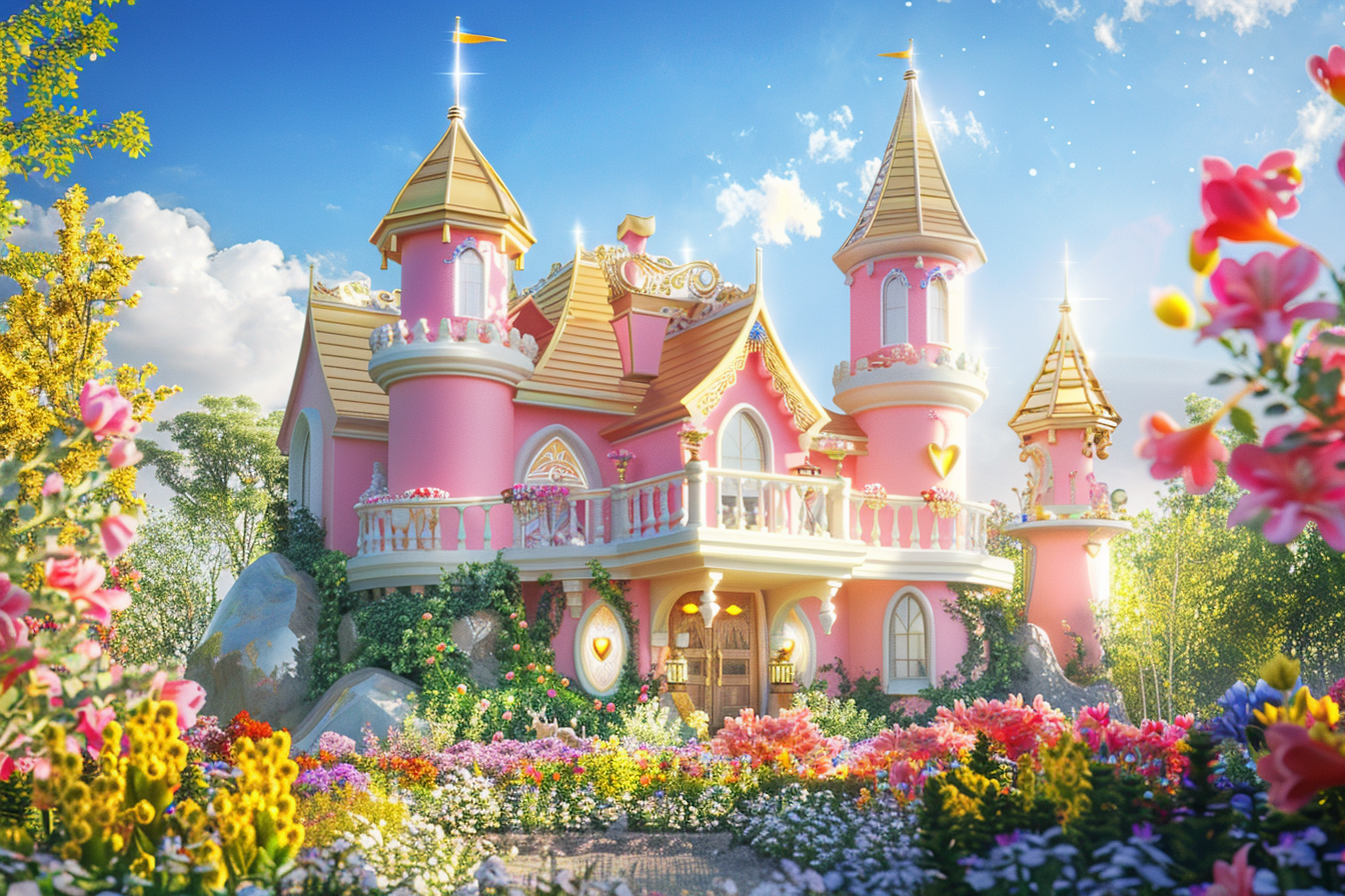 Colorful fairytale castle in lush garden with sunlight reflection.