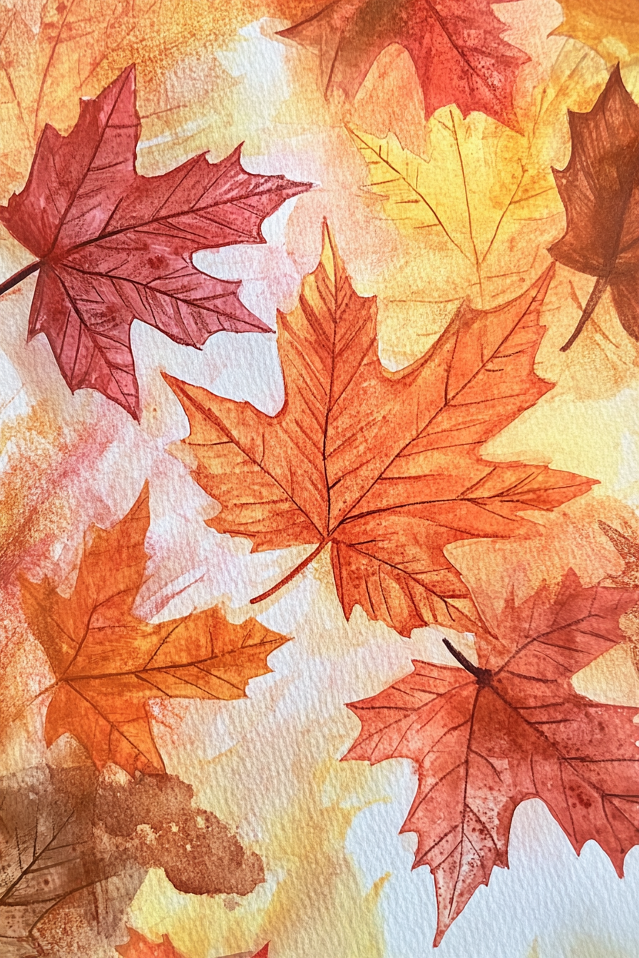 Colorful fall leaves on textured paper with sunlight