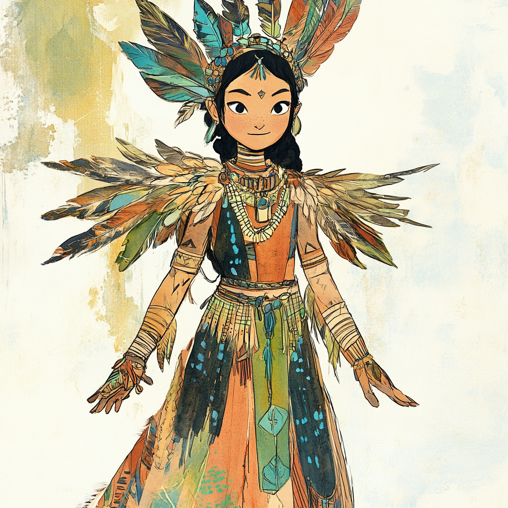 Colorful female healer in feather dress and armor