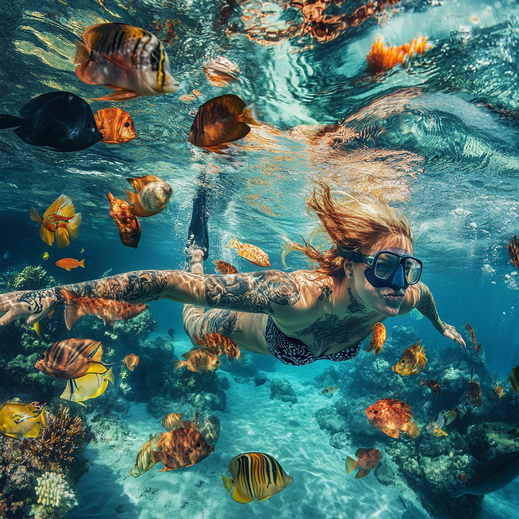 Colorful fish swim around tattooed woman in Caribbean.