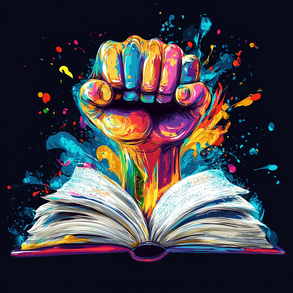 Colorful fist bursts from book, whimsical cartoon style.