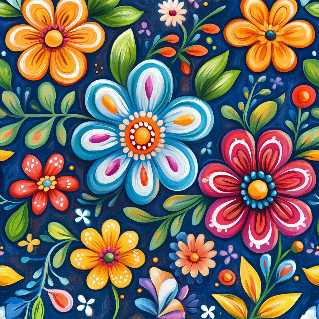 Colorful floral pattern with Mexican folk art style on blue tile.