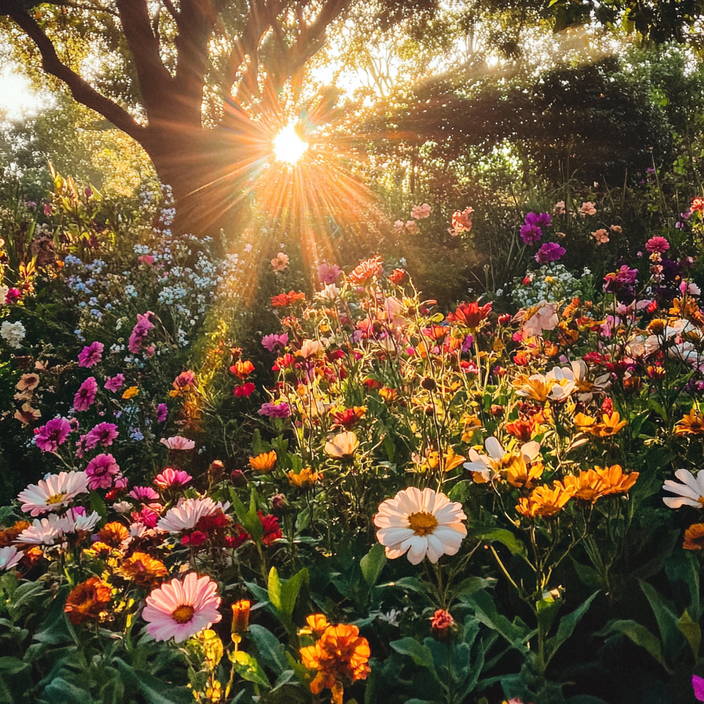 Colorful flower garden at sunrise, peaceful beauty 