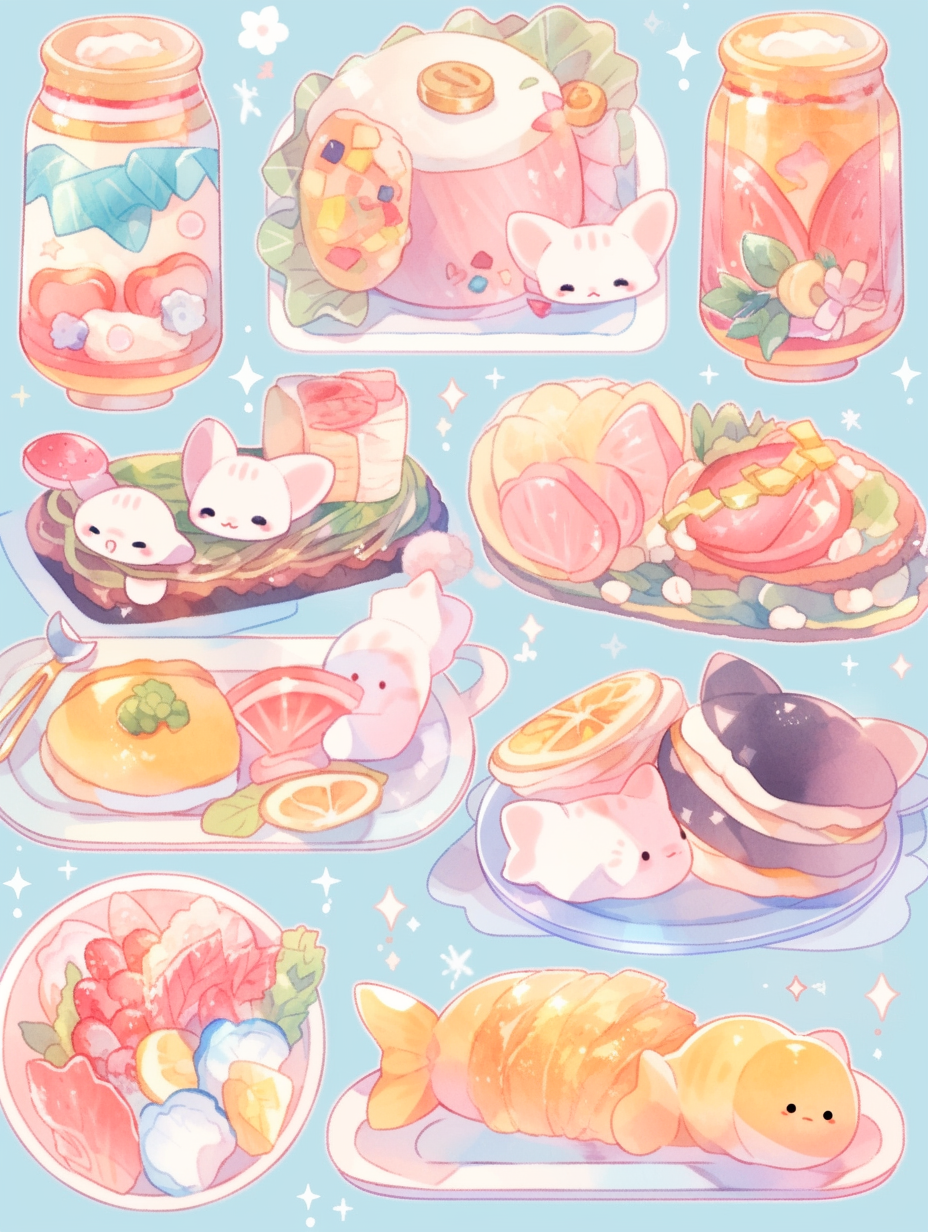 Colorful food and drink icons in kawaii manga style.