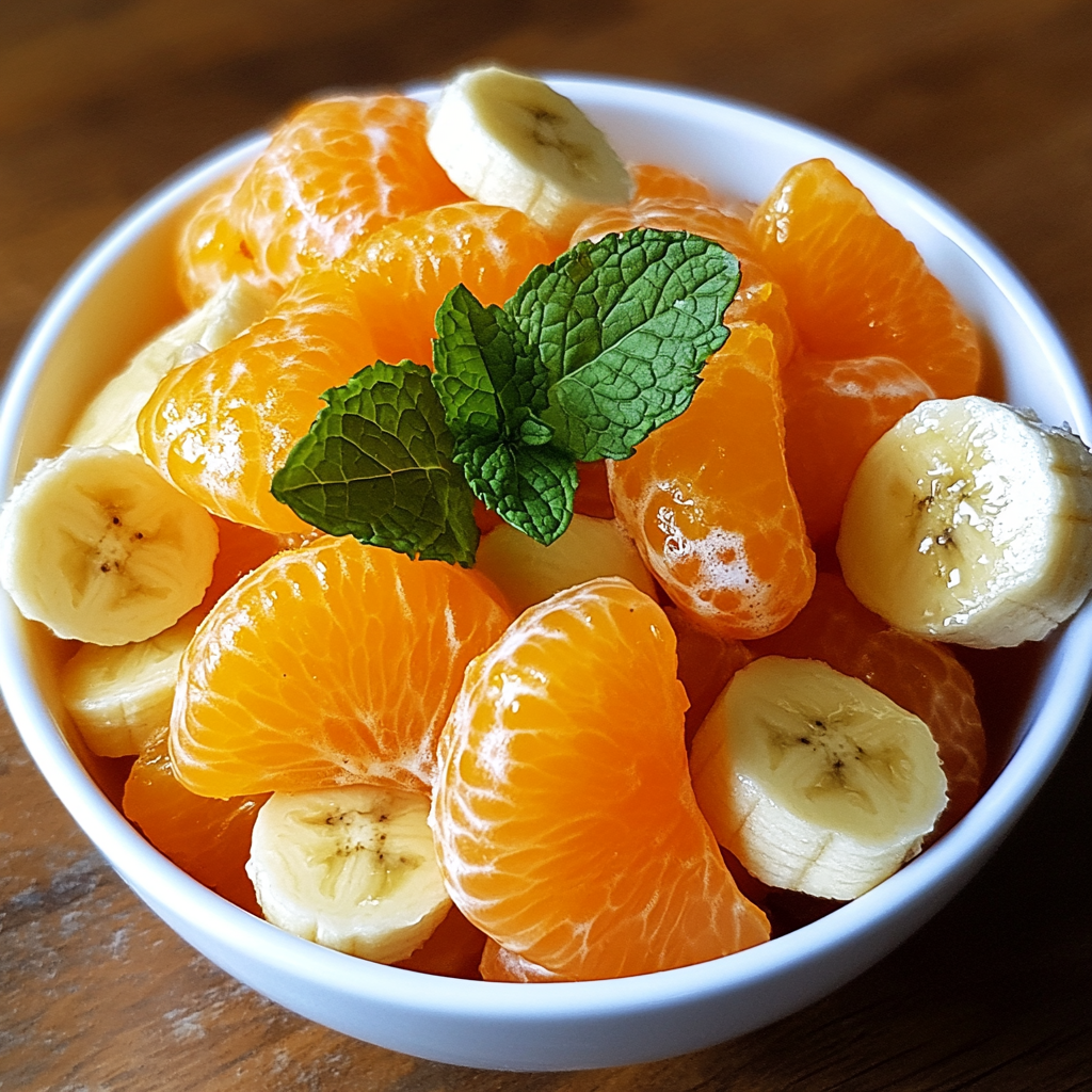 Colorful fruit salad with fresh mint, visually appealing dish.