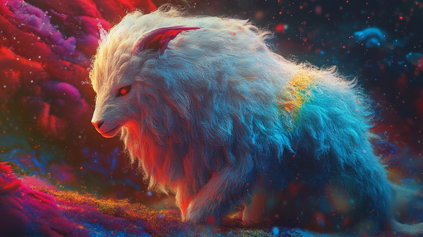 Colorful furry mythical creature in fantasy world.