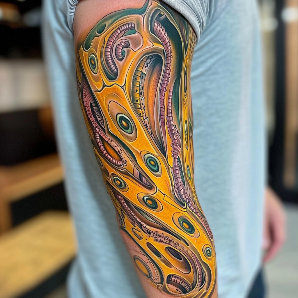 Colorful futuristic arm tattoo with alien background