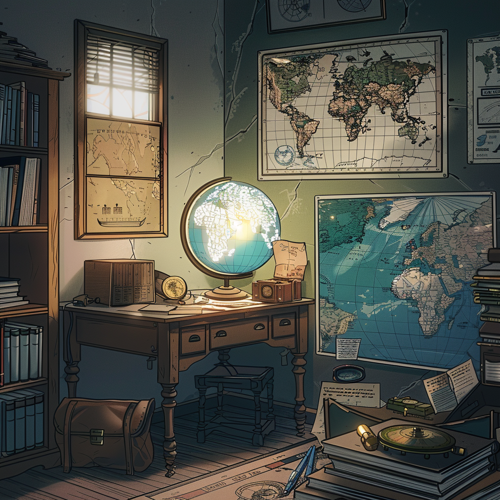 Colorful geography classroom with antique compasses and globe.