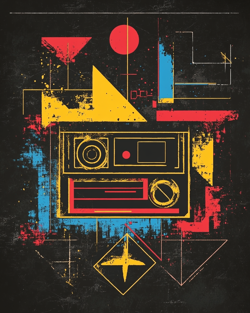 Colorful geometric boombox design with grunge elements, flat 2D