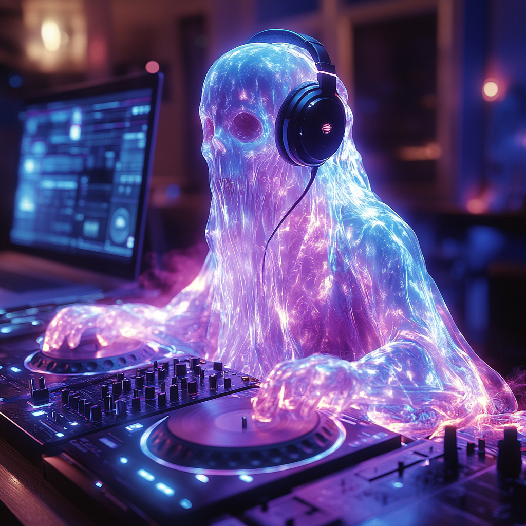 Colorful ghost and headphones on a turntable