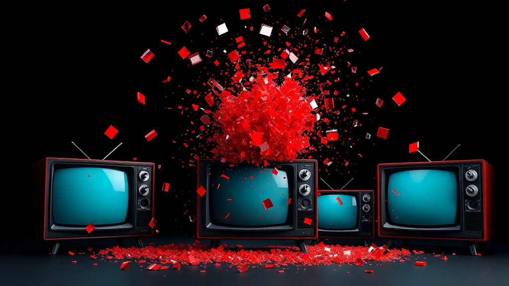 Colorful glass TV explosion on black background.