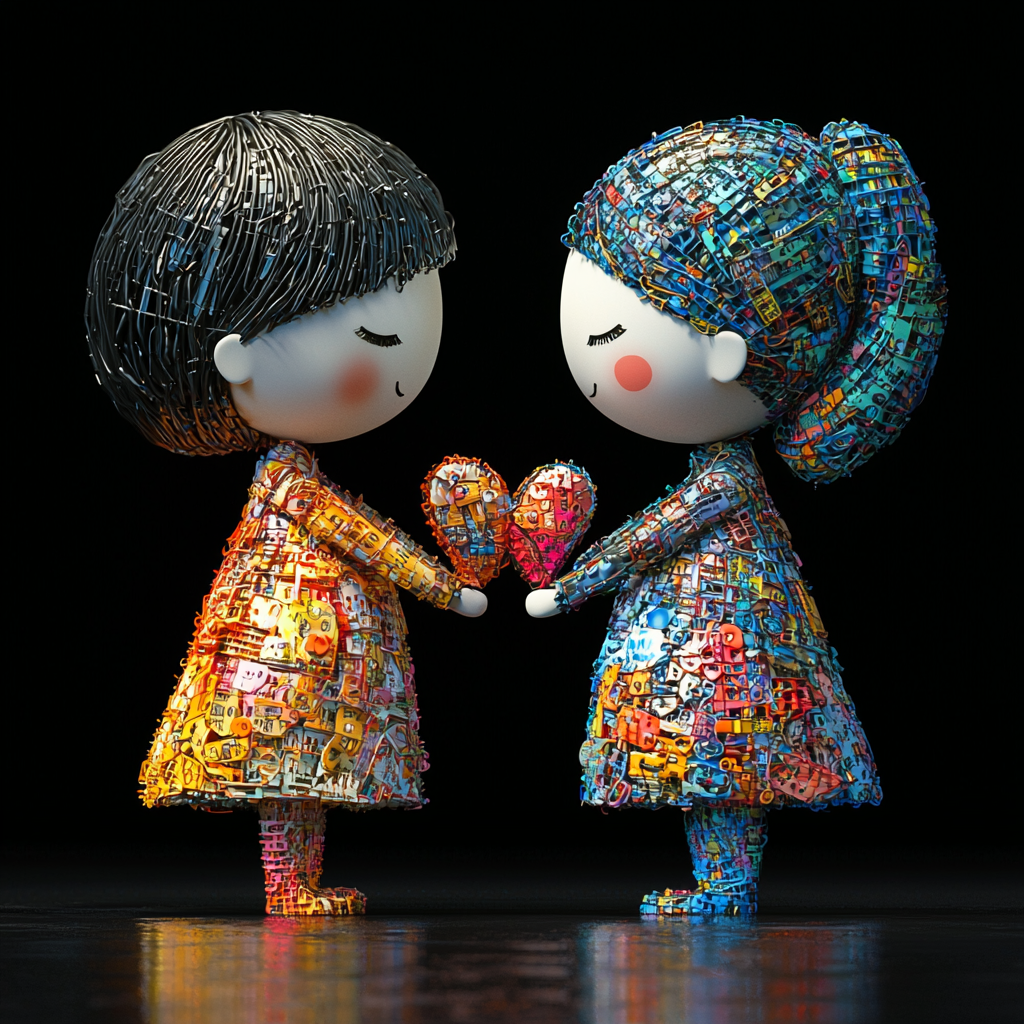 Colorful hearts fly with cute dolls, hyper-detailed artwork.