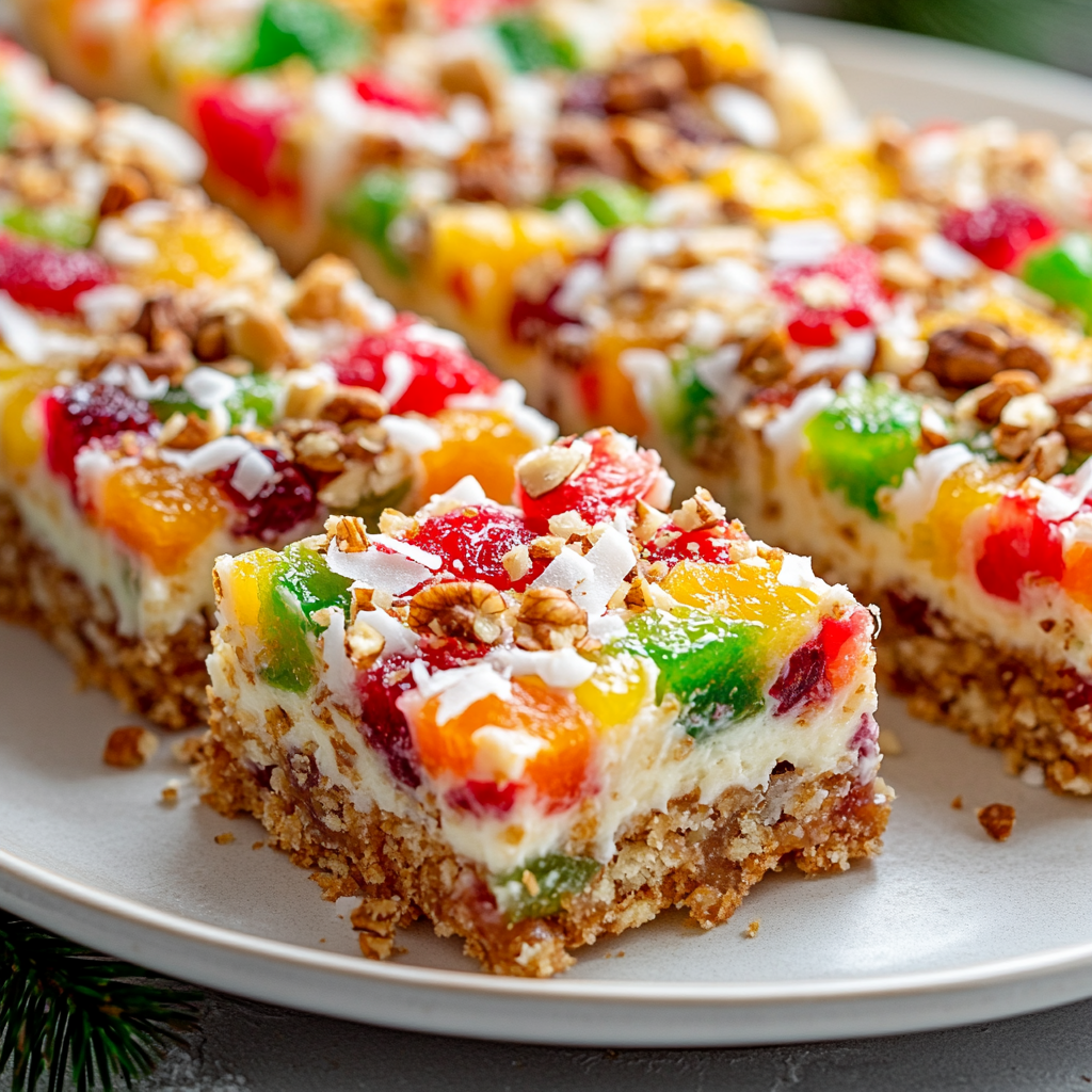 Colorful holiday fruit bars on white plate