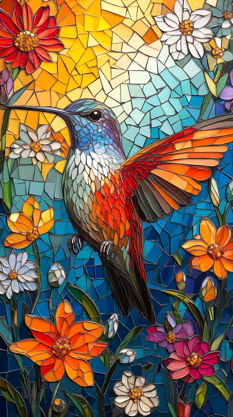 Colorful hummingbird with flowers in mosaic artwork background.