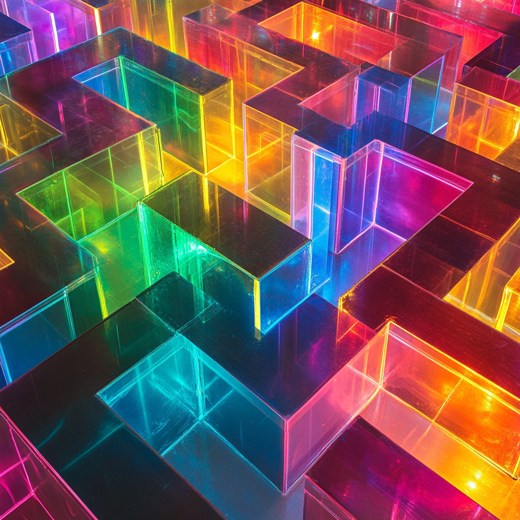 Colorful illuminated acrylic maze with vibrant walls - Overhead_VIEW