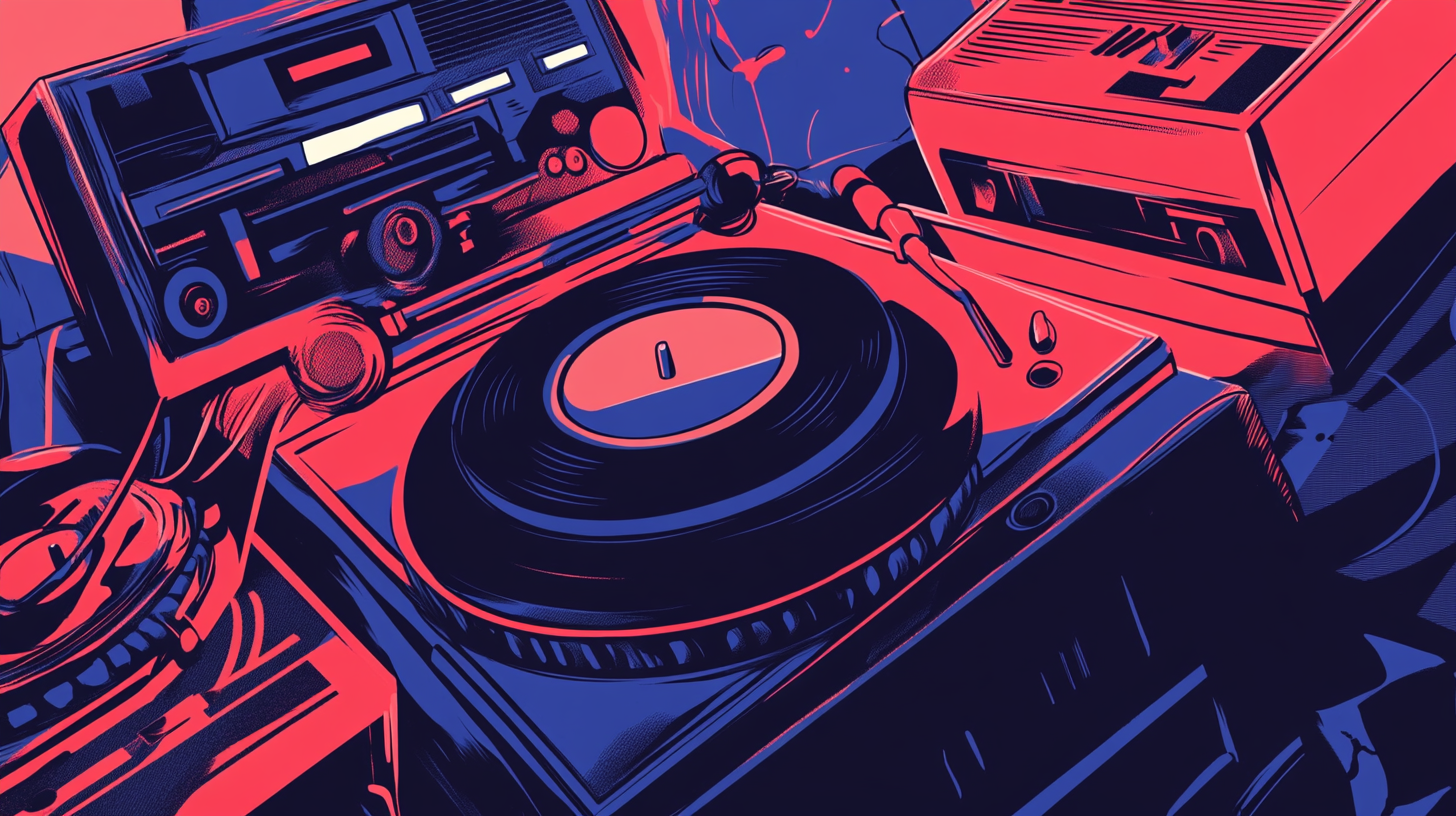 Colorful illustration of urban music scene with hip-hop theme.