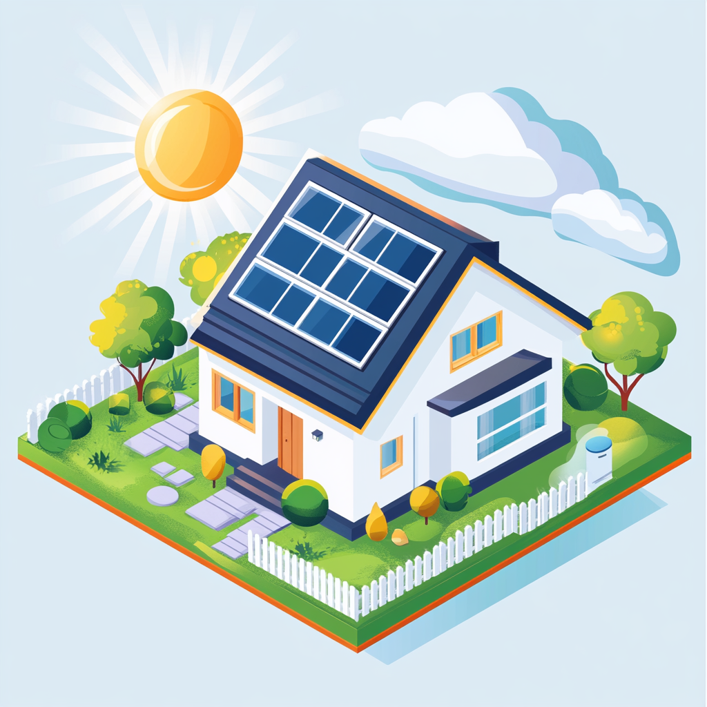 Colorful isometric vector house illustration with solar panels and trees