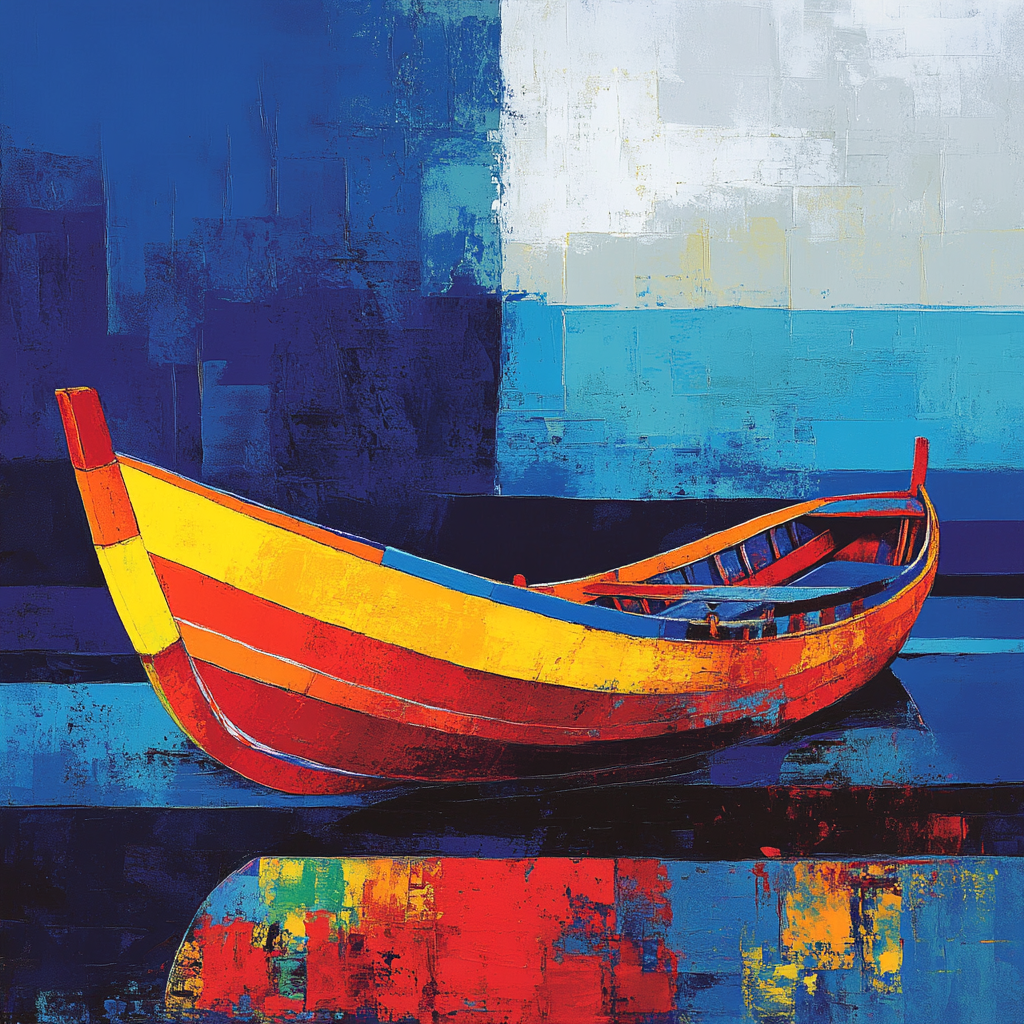 Colorful jangada boat contrasts with somber seascape background.