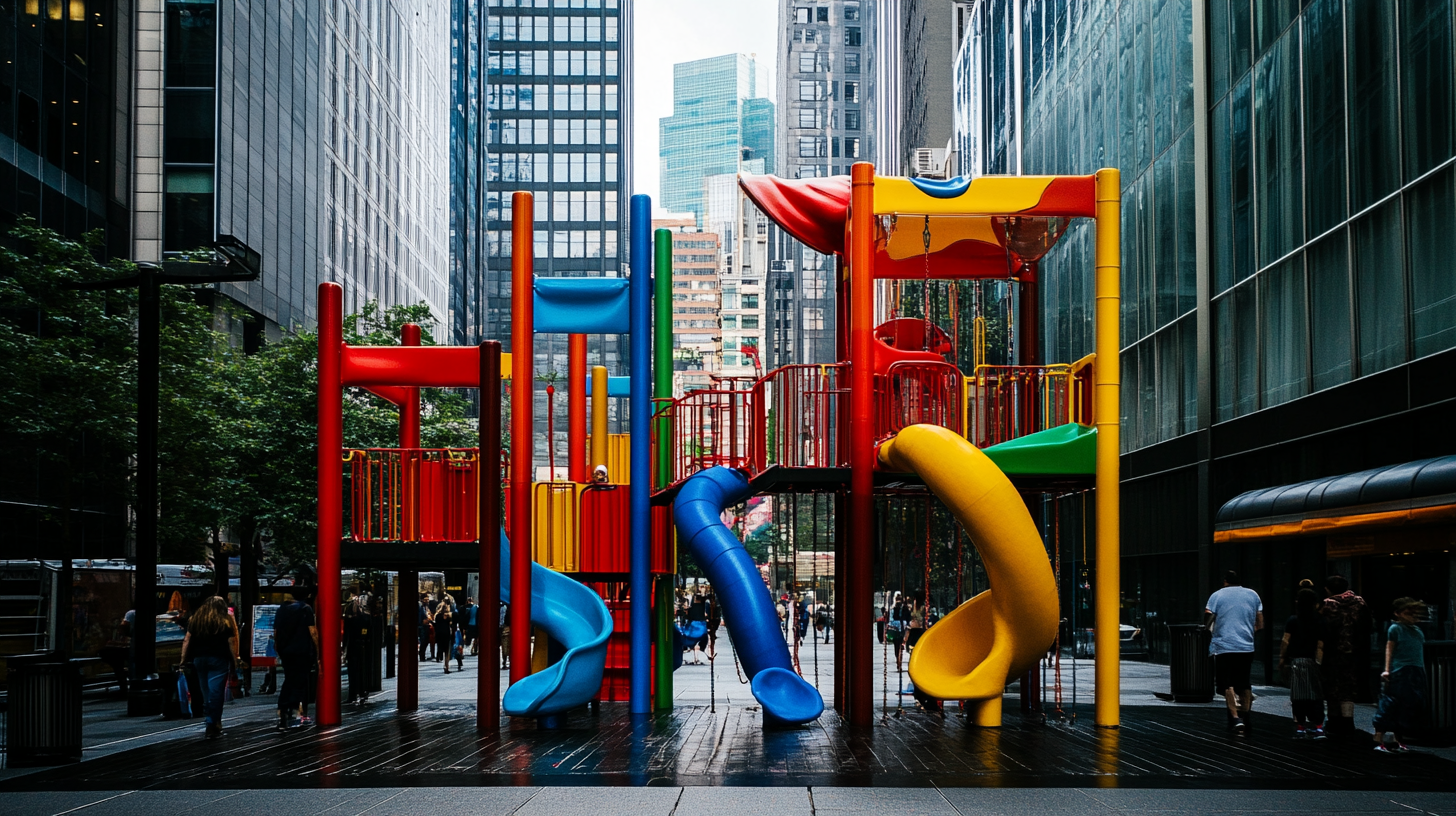 Colorful jungle gym stands out in gray city