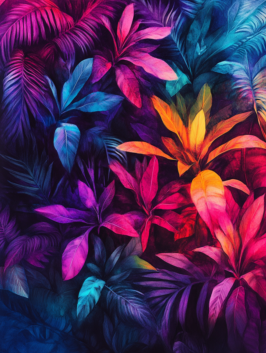 Colorful jungle watercolor painting in bold feminine style.