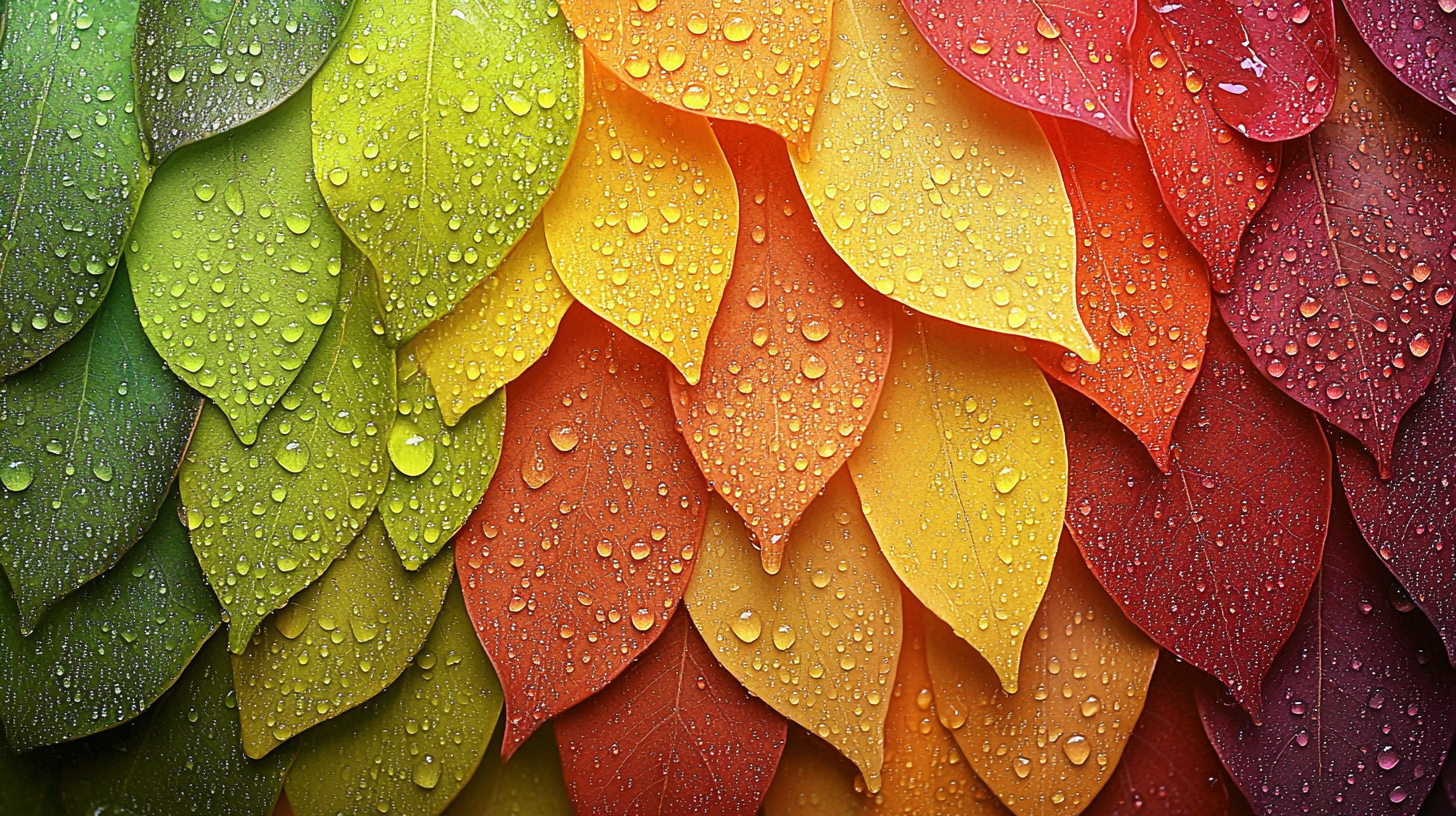 Colorful leaves with water droplets in a rainbow arc.