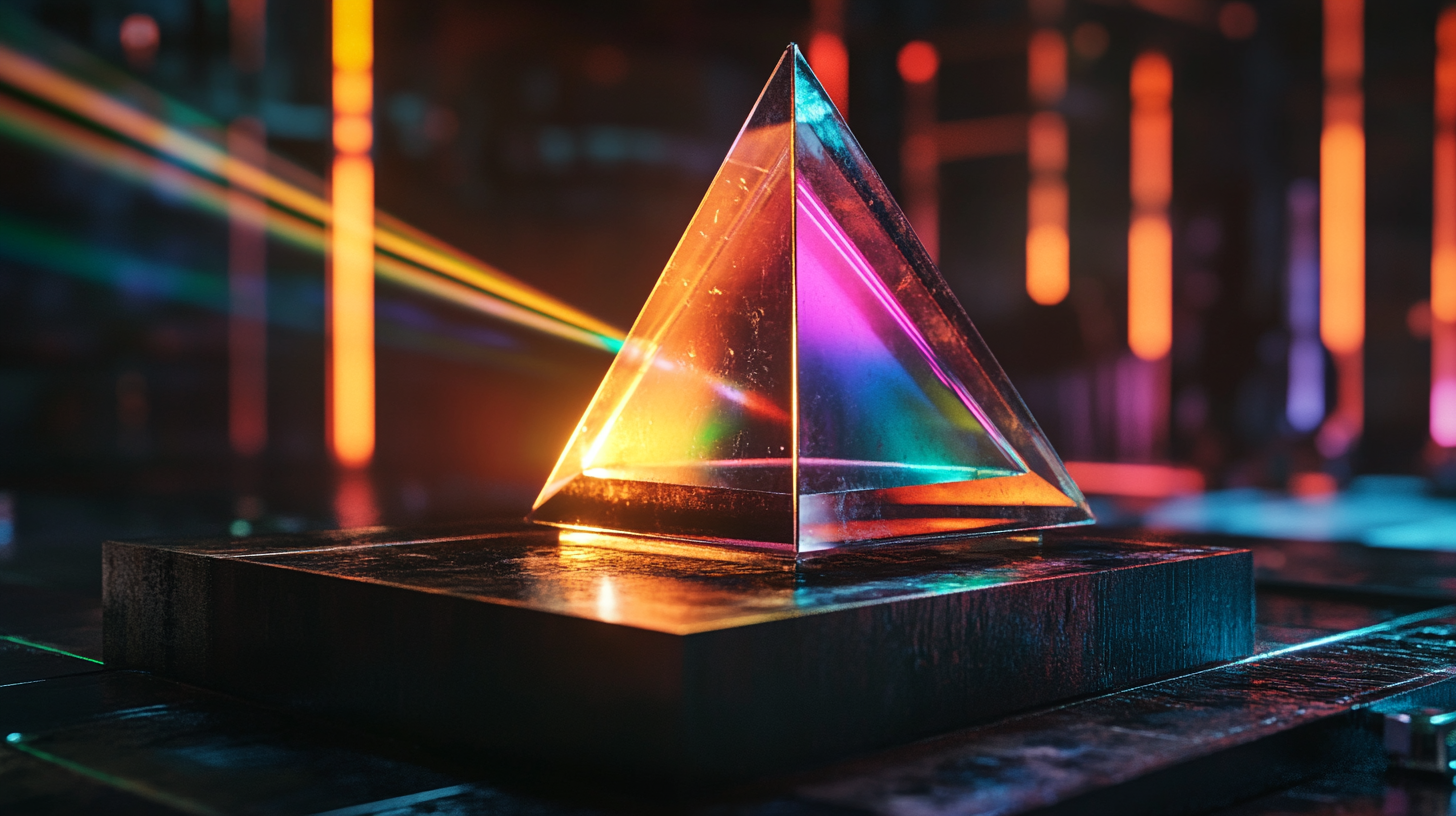 Colorful light beam shines from triangular prism on platform