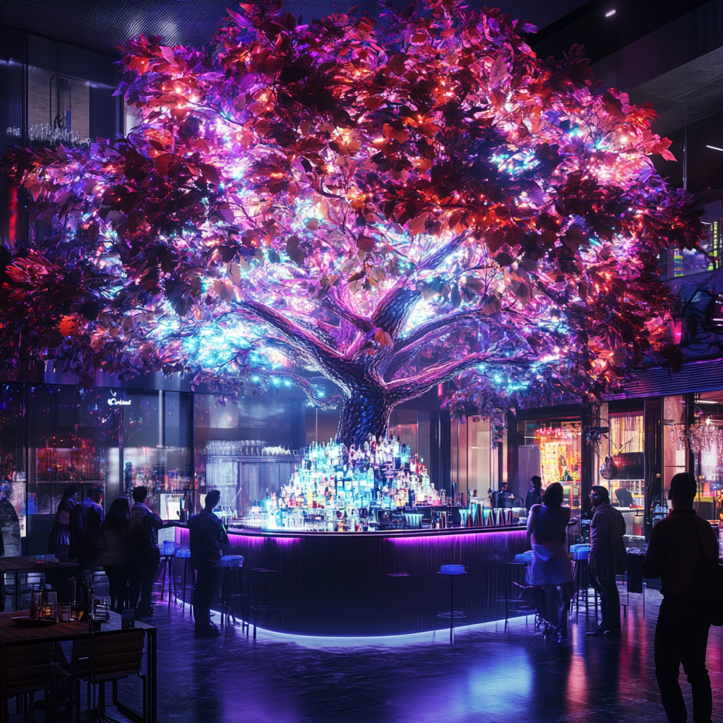 Colorful lights shine on cyberpunk mall tree bar.