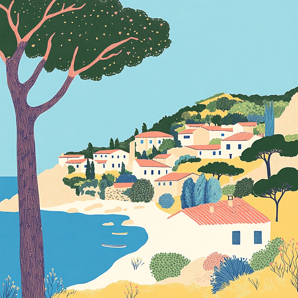 Colorful line drawing of Provencal village in sunny south France.