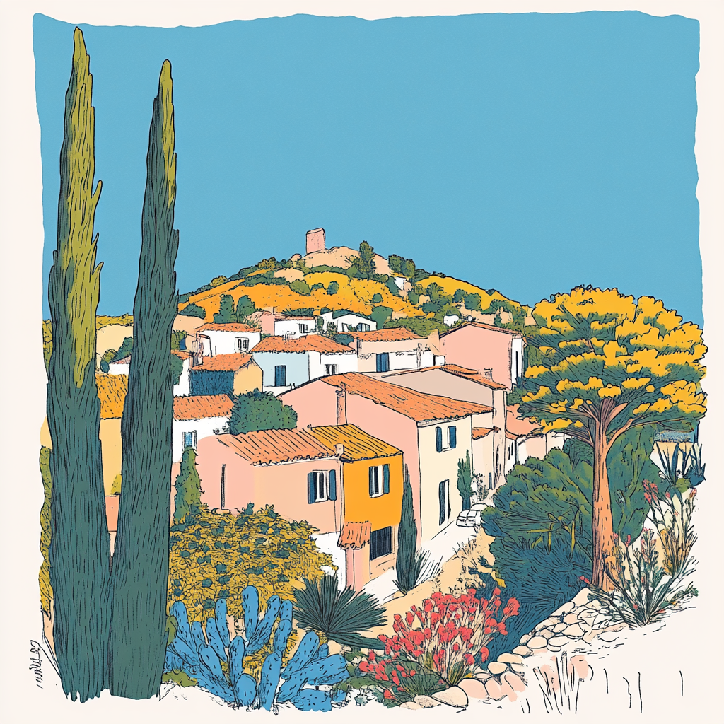 Colorful line drawing of Provencal village with blue sky.