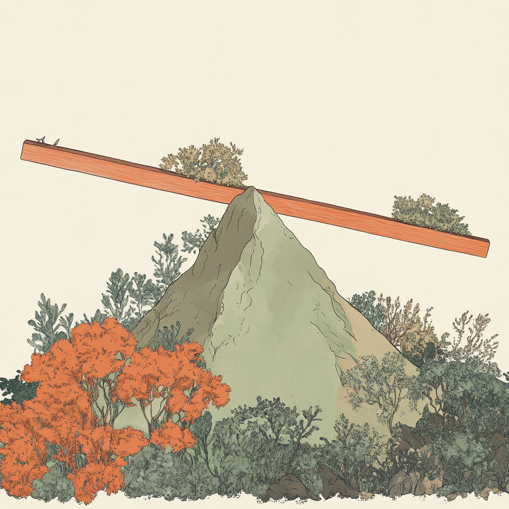 Colorful line drawing of triangular mountain with wooden lever.