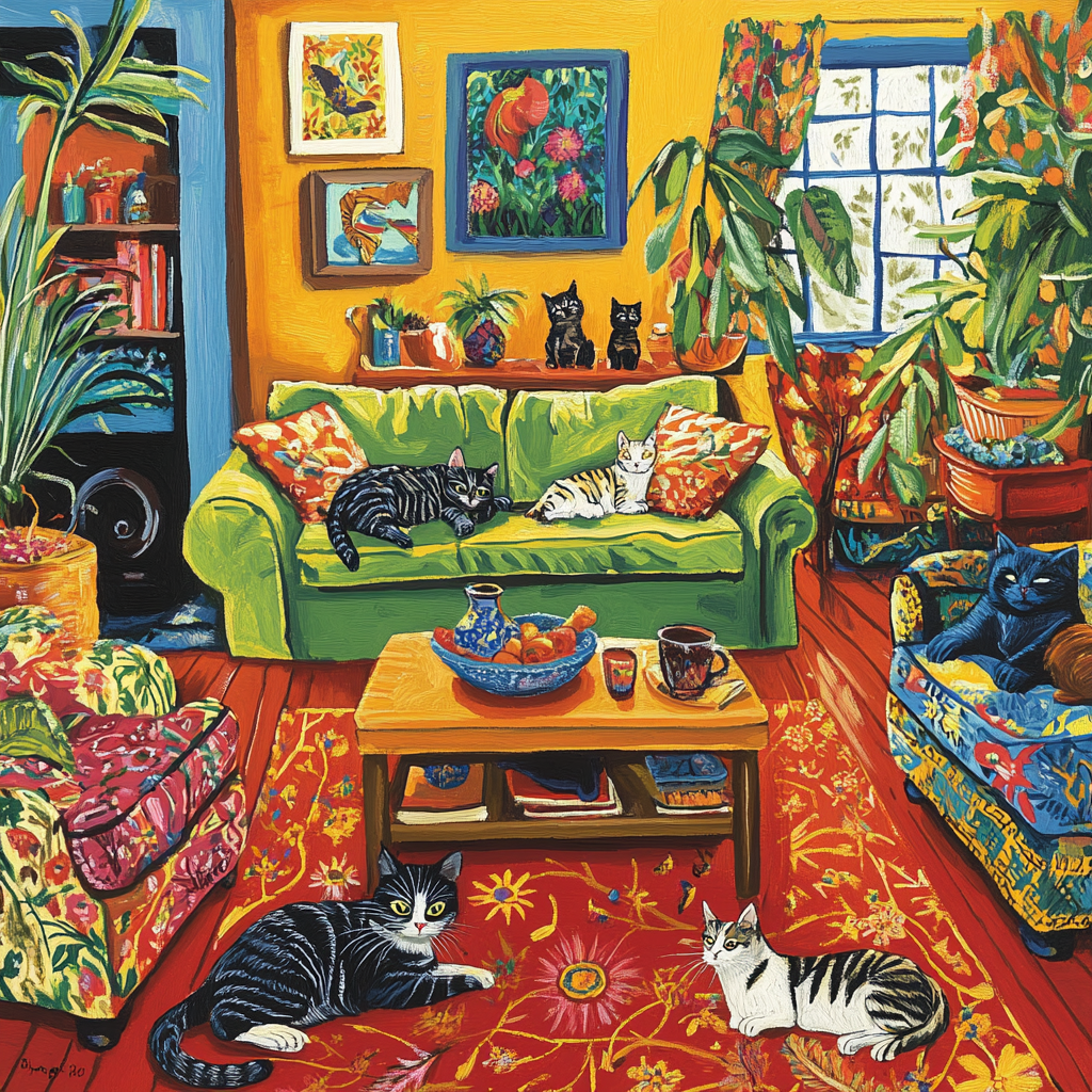 Colorful living room with playful cats.