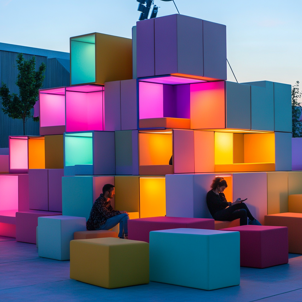 Colorful lounge with vibrant stacked box sofas in open studio.