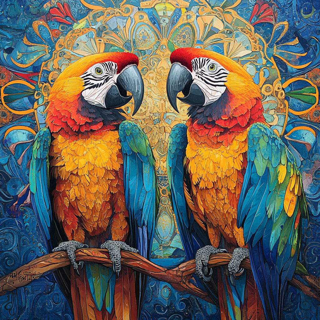 Colorful macaws in motion with detailed background design. Warrior.