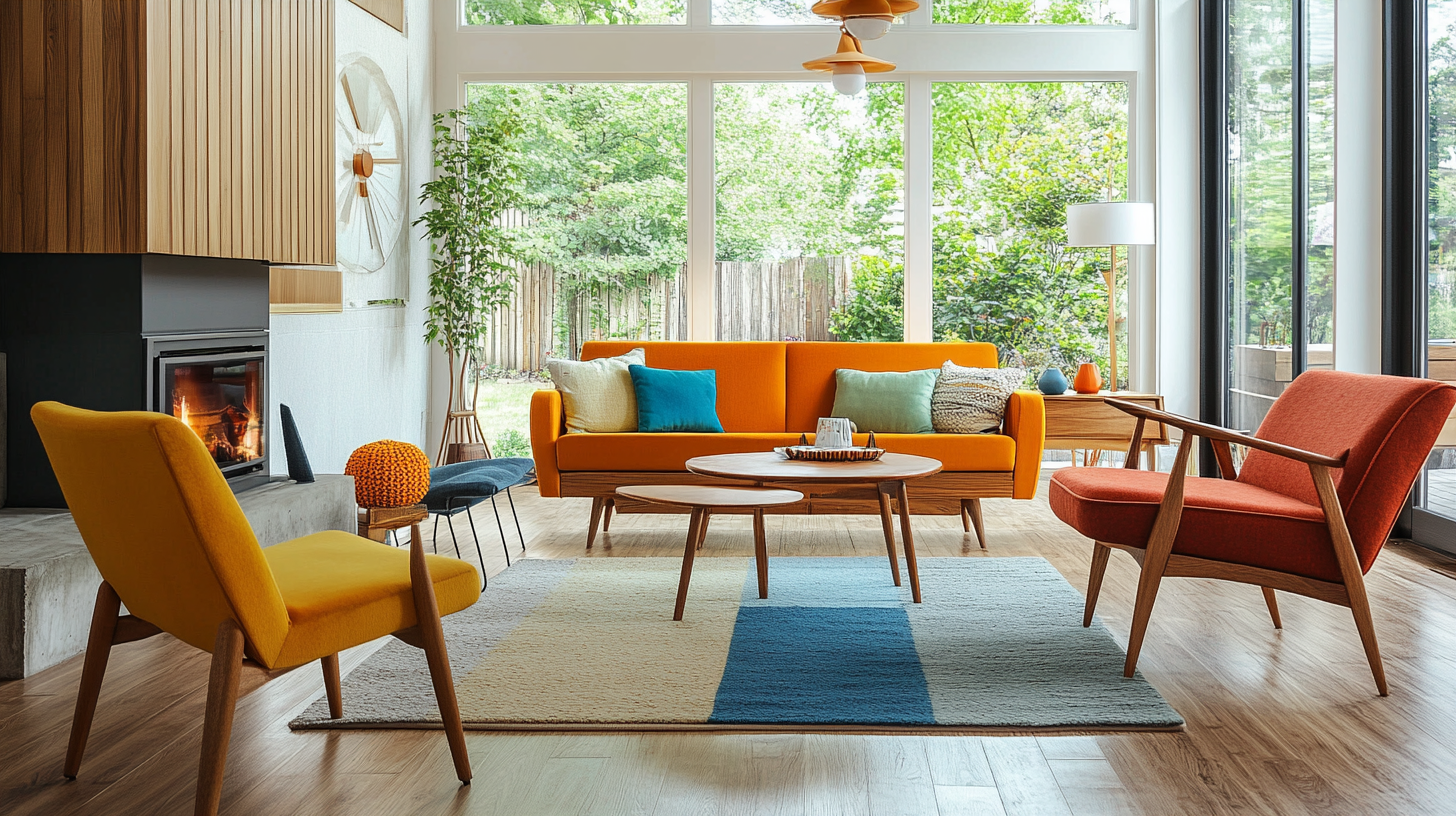 Colorful mid-century modern living room with fireplace and windows.