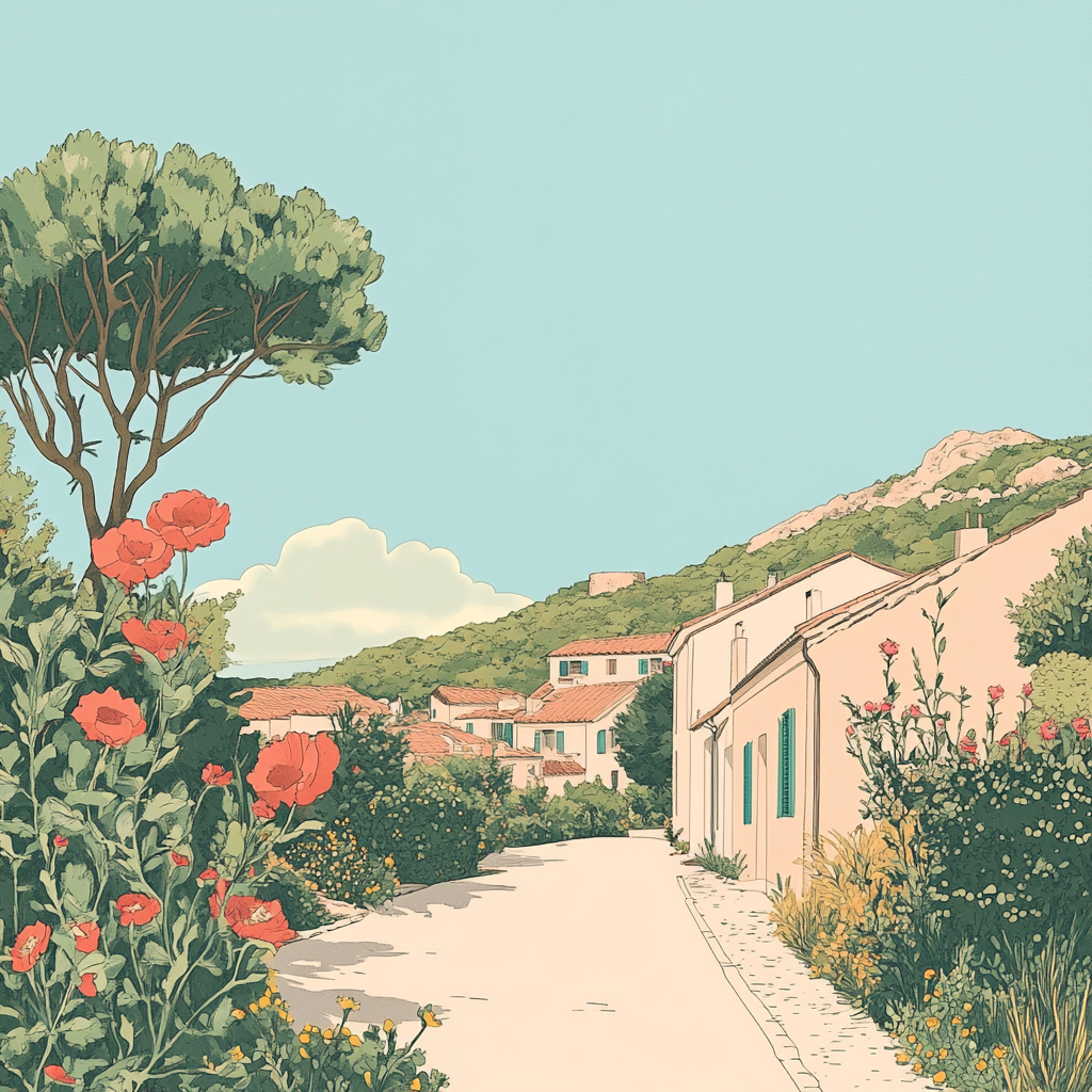 Colorful minimalist line drawing of Provencal village.