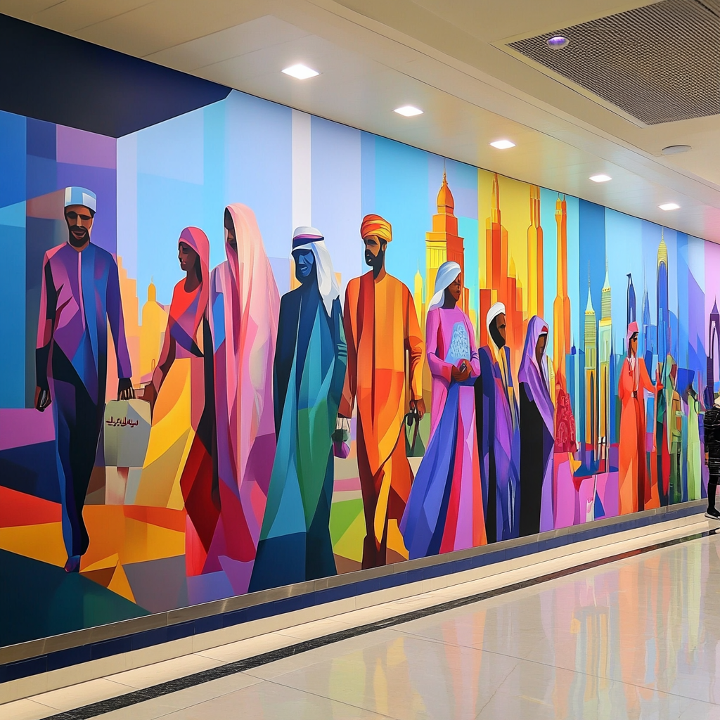 Colorful mural in Dubai representing diverse culture, landmarks, 3D.
