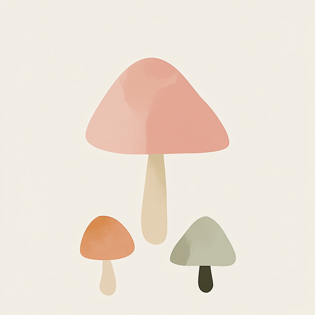 Colorful mushroom shapes on cream background with negative space.