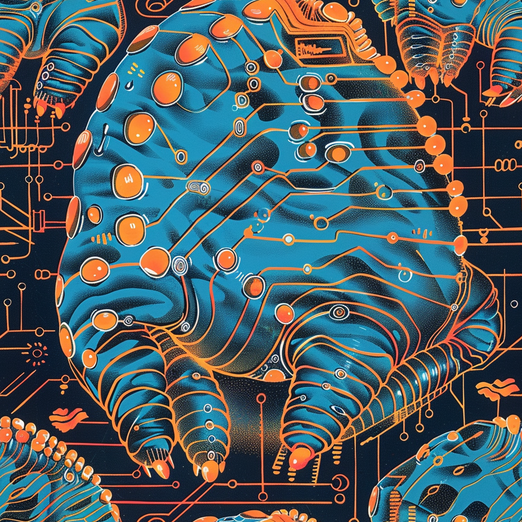 Colorful mutant tardigrades and futuristic circuit boards in comic.